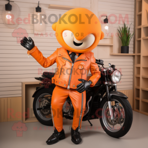 Orange Apricot mascot costume character dressed with a Biker Jacket and Cufflinks