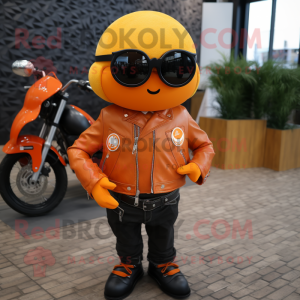 Orange Apricot mascot costume character dressed with a Biker Jacket and Cufflinks