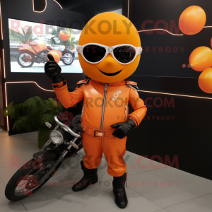 Orange Apricot mascot costume character dressed with a Biker Jacket and Cufflinks