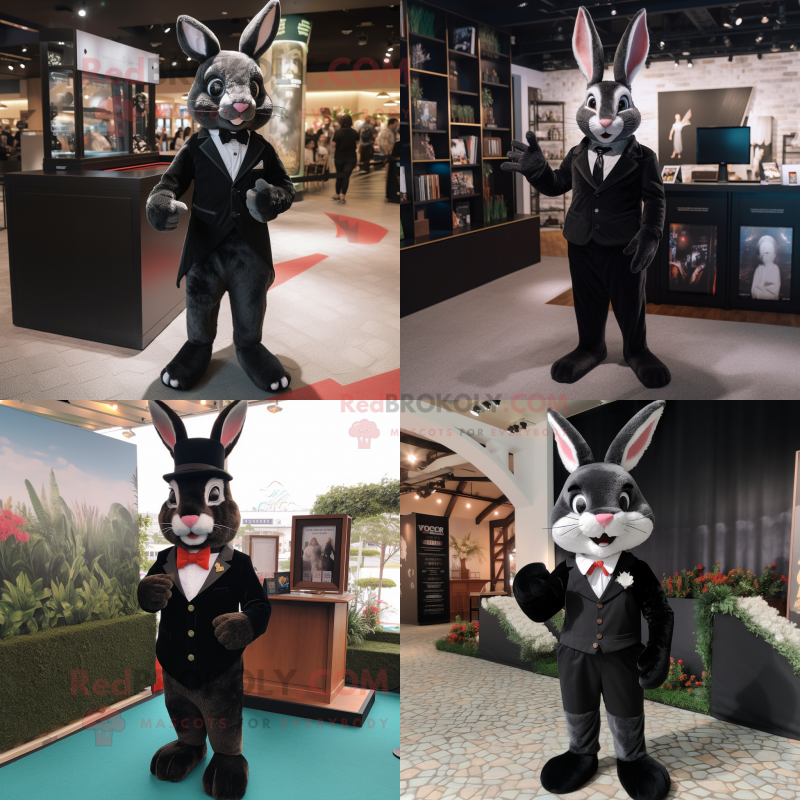 Black Wild Rabbit mascot costume character dressed with a Tuxedo and Suspenders