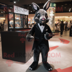 Black Wild Rabbit mascot costume character dressed with a Tuxedo and Suspenders