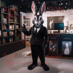 Black Wild Rabbit mascot costume character dressed with a Tuxedo and Suspenders