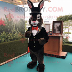 Black Wild Rabbit mascot costume character dressed with a Tuxedo and Suspenders