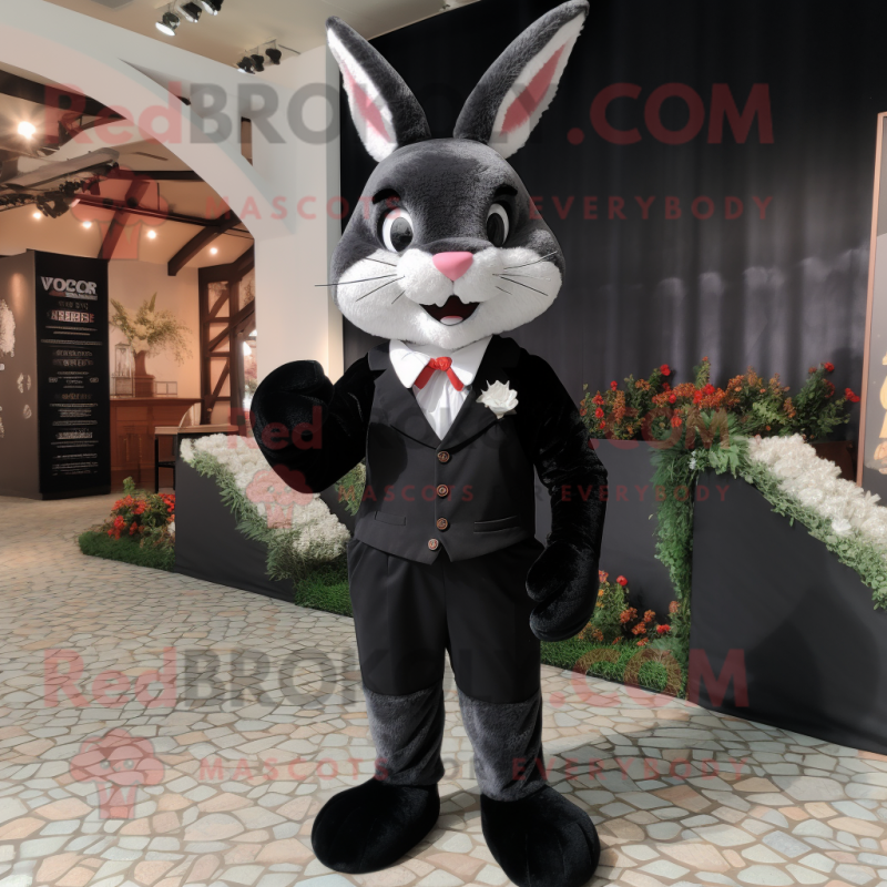 Black Wild Rabbit mascot costume character dressed with a Tuxedo and Suspenders