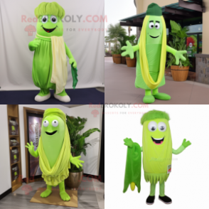 Lime Green Celery mascot costume character dressed with a Bermuda Shorts and Scarves