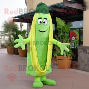 Lime Green Celery mascot costume character dressed with a Bermuda Shorts and Scarves