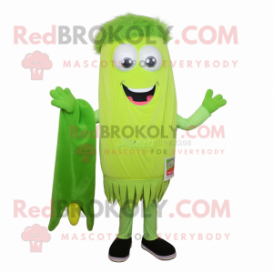 Lime Green Celery mascot costume character dressed with a Bermuda Shorts and Scarves