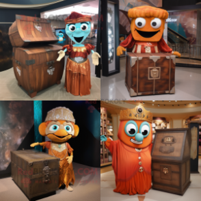 Rust Treasure Chest mascot costume character dressed with a Evening Gown and Headbands