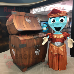 Rust Treasure Chest mascot costume character dressed with a Evening Gown and Headbands