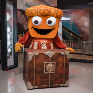 Rust Treasure Chest mascot costume character dressed with a Evening Gown and Headbands