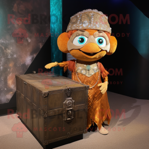 Rust Treasure Chest mascot costume character dressed with a Evening Gown and Headbands