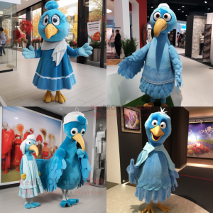 Sky Blue Turkey mascot costume character dressed with a Shift Dress and Scarves