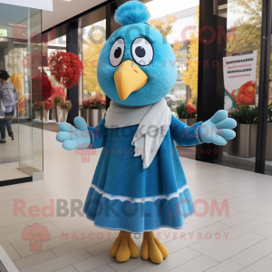 Sky Blue Turkey mascot costume character dressed with a Shift Dress and Scarves