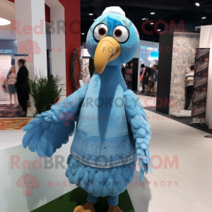Sky Blue Turkey mascot costume character dressed with a Shift Dress and Scarves