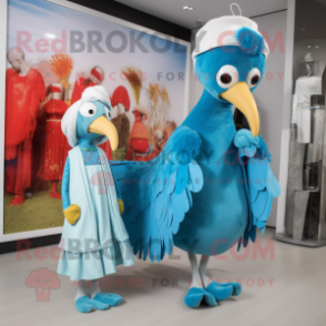 Sky Blue Turkey mascot costume character dressed with a Shift Dress and Scarves