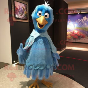 Sky Blue Turkey mascot costume character dressed with a Shift Dress and Scarves