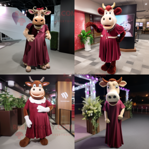 Maroon Jersey Cow mascot costume character dressed with a Evening Gown and Suspenders