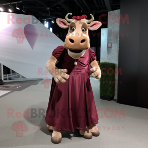 Maroon Jersey Cow mascot costume character dressed with a Evening Gown and Suspenders