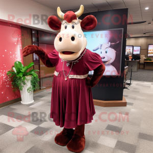 Maroon Jersey Cow mascot costume character dressed with a Evening Gown and Suspenders