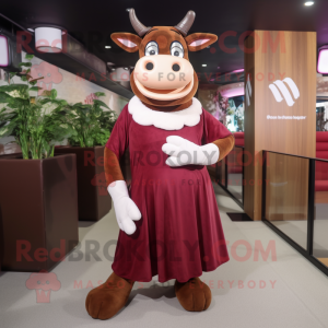 Maroon Jersey Cow mascot costume character dressed with a Evening Gown and Suspenders