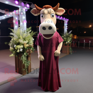 Maroon Jersey Cow mascot costume character dressed with a Evening Gown and Suspenders