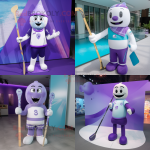 Lavender Ice Hockey Stick mascot costume character dressed with a Swimwear and Lapel pins