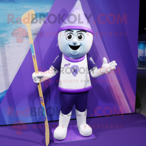 Lavender Ice Hockey Stick mascot costume character dressed with a Swimwear and Lapel pins