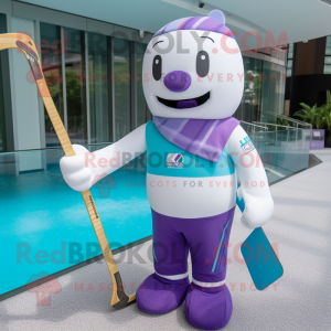 Lavender Ice Hockey Stick mascot costume character dressed with a Swimwear and Lapel pins