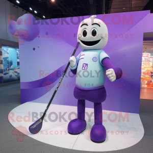 Lavender Ice Hockey Stick mascot costume character dressed with a Swimwear and Lapel pins