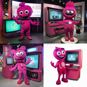 Magenta Television mascot costume character dressed with a Playsuit and Rings