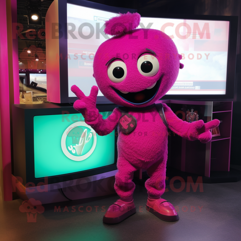 Magenta Television mascot costume character dressed with a Playsuit and Rings