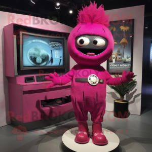 Magenta Television mascot costume character dressed with a Playsuit and Rings