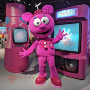 Magenta Television mascot costume character dressed with a Playsuit and Rings
