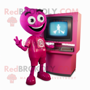 Magenta Television mascot costume character dressed with a Playsuit and Rings