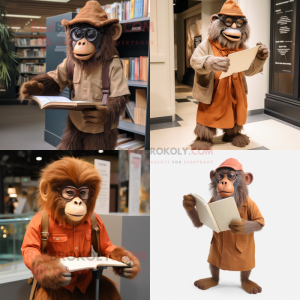 Rust Baboon mascot costume character dressed with a Culottes and Reading glasses
