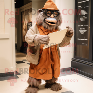 Rust Baboon mascot costume character dressed with a Culottes and Reading glasses