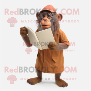 Rust Baboon mascot costume character dressed with a Culottes and Reading glasses