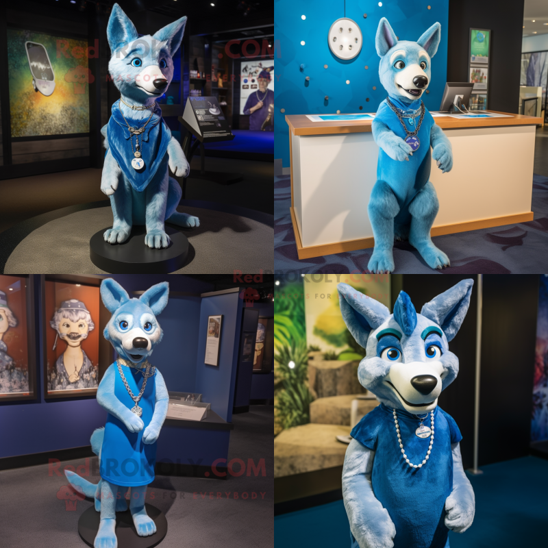 Blue Dingo mascot costume character dressed with a Shift Dress and Necklaces