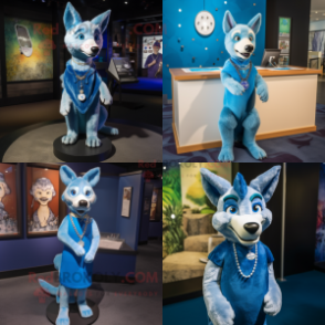 Blue Dingo mascot costume character dressed with a Shift Dress and Necklaces