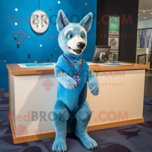Blue Dingo mascot costume character dressed with a Shift Dress and Necklaces