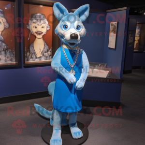 Blue Dingo mascot costume character dressed with a Shift Dress and Necklaces