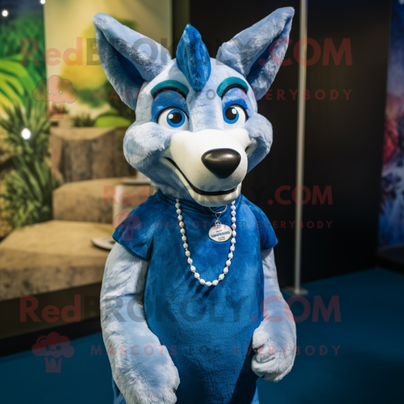 Blue Dingo mascot costume character dressed with a Shift Dress and Necklaces