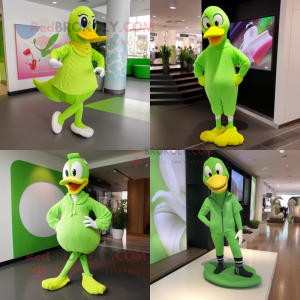 Lime Green Swan mascot costume character dressed with a Yoga Pants and Shoe laces