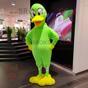 Lime Green Swan mascot costume character dressed with a Yoga Pants and Shoe laces
