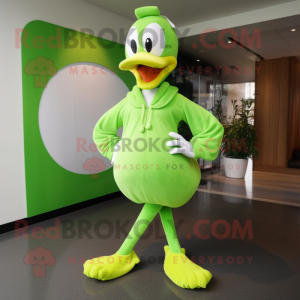 Lime Green Swan mascot costume character dressed with a Yoga Pants and Shoe laces