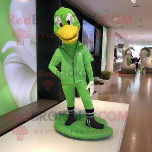 Lime Green Swan mascot costume character dressed with a Yoga Pants and Shoe laces