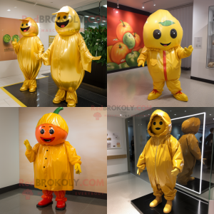 Gold Tomato mascot costume character dressed with a Raincoat and Belts