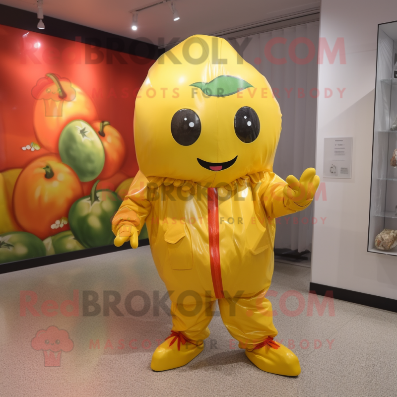 Gold Tomato mascot costume character dressed with a Raincoat and Belts Gold Tomato mascot costume character dressed with a Raincoat and Belts