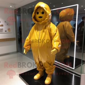 Gold Tomato mascot costume character dressed with a Raincoat and Belts