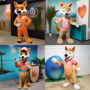 Peach Dingo mascot costume character dressed with a Rash Guard and Tie pins